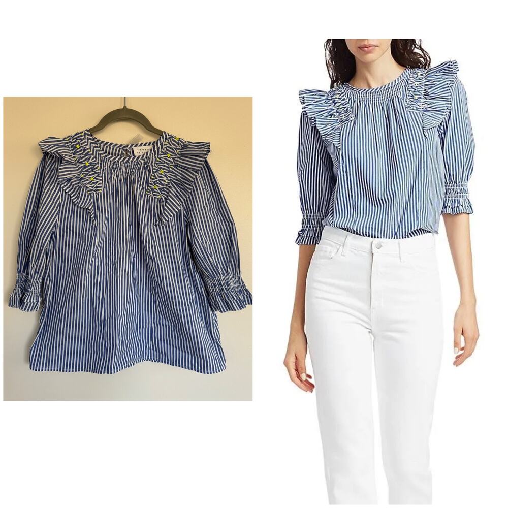 Tanya Taylor Pilar Striped Ruffle-Trim Top
